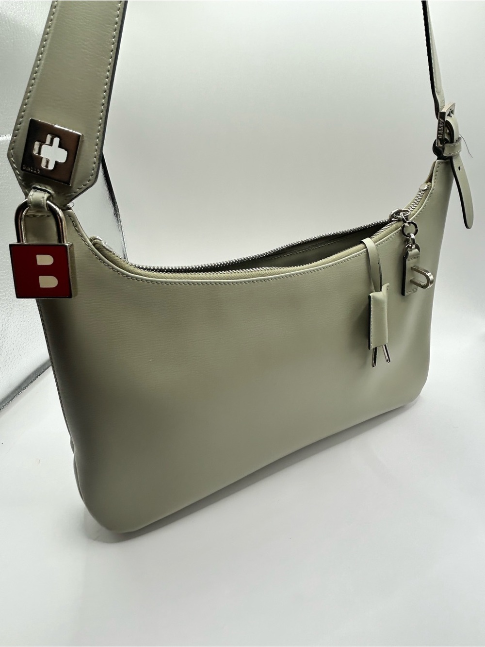 Bally Lucinda Sage Green Leather Shoulder Bag with Silver Hardware